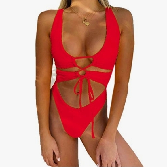 Women's Sexy Cutout Lace Up Backless High Cut One Piece Swimsuit Monokini - Picture 2 of 3